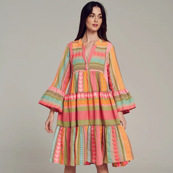 Devotion Twins Ella Embroidered Cotton Multicolor Tunic Mid Dress - Picture 1 of 9